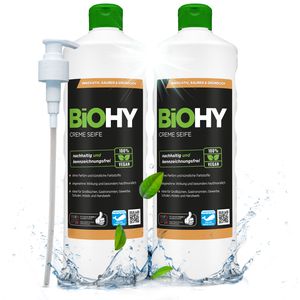 BiOHY Creme Seife (2x1l Flasche) + Pumpspender| Hautschonende, rückfettende und aus dem pflanzlichen Bereich PHOSPHATFREI | Ohne Parfüm und Farbstoffe