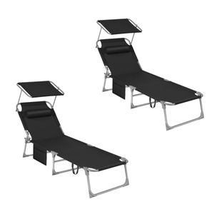 SONGMICS 2-er Set Sonnenliege, klappbarer Liegestuhl, mit Seitentasche, 53 x 193 x 29 cm, bis 150 kg, Kopfstütze, verstellbarer Rückenlehne Schwarz