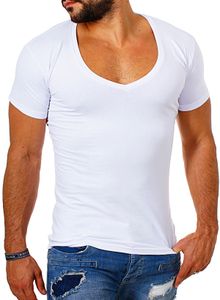 Young & Rich Herren Uni T-Shirt mit extra tiefem V-Ausschnitt slimfit deep V-Neck stretch dehnbar Basic Shirt 1315, Grösse:L, Farbe:Weiß