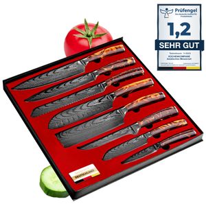 Asiatisches Edelstahl Messerset Kasshoku 8-teiliges Küchenmesser Set - Kochmesser im Damast Design mit Epoxidharz Griff inkl. Geschenkbox - rostfrei & scharf - Designed in Germany