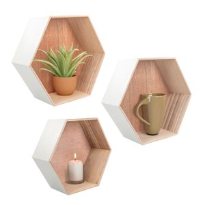 3-teiliges Hexagon-Wabenregal-Set aus Paulownia-Holz, modernes Wandregal in sechseck-Form, grau-naturfarben