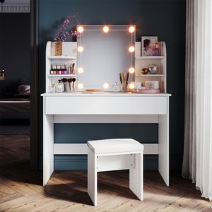 SONNI toaletní stolek bílý s taburetem a osvětlením toaletní stolek se zrcadlem, se zásuvkou, 1080x400x1400mm