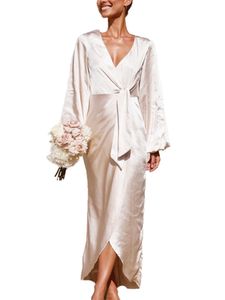 Damen Abendkleider Satin V-Neck Kleid Elegant Casual Long Maxi Kleider Wickelkleid Weiß,Größe L