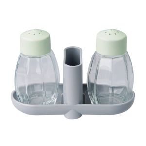 Fackelmann Salz-/ Pfefferstreuer mit Zahnstocherbehälter Menage ECO, umweltfreundlicher Pfefferstreuer, nachhaltiger Salzstreuer mit Behälter(Farbe: Lichtgrau/Mintgrün), Menge: 1 x 3 Set