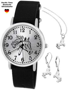 Pacific Time sportliche Mädchen Uhr Pferd schwarz Armband schwarz Schlangen Kette Anhänger 2 Ohrringe 925 silber