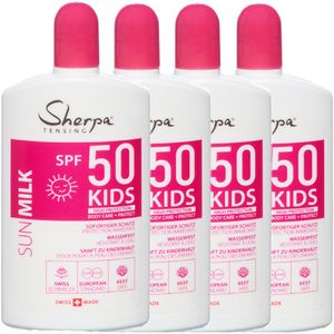 Sherpa Tensing 4x Sonnencreme für Kinder SPF 50 Sofortiger Schutz 100% Vegan Wasserfest Sanft zu Kinderhaut Swiss made  getestet