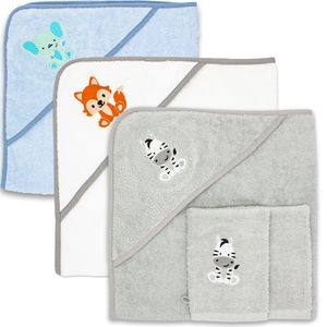 Baby Kapuzenhandtuch Set mit 2 Waschlappen. Baby Handtuch 80x80cm aus 100% Baumwolle -  Mit süßem Tiermotiv bestickt - Grau