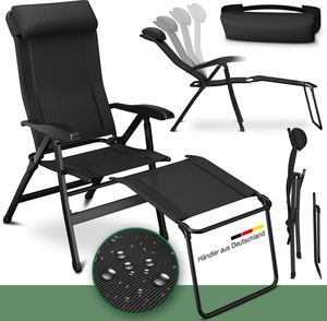ELONEO Campingstuhl faltbar mit Abnehmbarer Beinauflage, Klappstuhl aus Aluminium, Gartenstuhl klappbar, Liegestuhl mit Verstellbarer Rückenlehne Schwarz