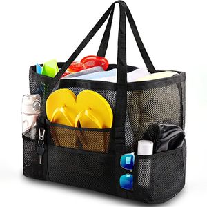 XL-Strandtasche Strandtasche XXL,Familie mit Reißverschluss Badetasche Damen Groß, Leicht Mesh Beach Bag,Wasserdicht Faltbare-schwarz