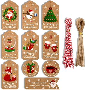 100 Stück Geschenkanhänger für Weihnachten, Weihnachten Anhänger, Kraftpapier Weihnachten Etiketten, 10 Stile, mit Baumwolle und Jute Schnur, für das Dekorieren Weihnachtsgeschenke