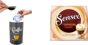 Senseo® Kaffeepad, CAPPUCCINO CARAMEL, harmonisch, koffeinhaltig  +Tisch Abfallbehälter ohne Deckel mit Ø 8,5 x 9 cm, 0.5 Liter Tischreste-Mülleimer