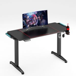EXCAPE Gaming Tisch H14 elektrisch höhenverstellbar mit LED Beleuchtung 140cm (16cm Extensions) x 60cm - Carbon-Optik, Schreibtisch Gaming - inkl. Getränkehalter, Kopfhörerhalter, Kabelmanagement-System - PC Tisch, Gamer Desk
