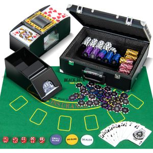 COSTWAY Pokerset 300 Chips, Pokerkoffer mit 2 Kartendeck, 5 Würfel, Dealer Button, Matte, Kartenmischer & Kartengeber, Aluminium Kasino Poker Komplett Set abschließbar, Profi Texas Hold'em (300 pcs)