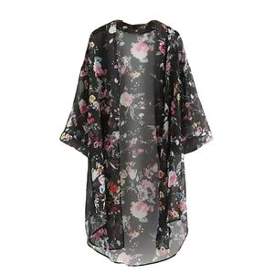 Frauen Sommer Blumen gedruckt lange lose Kimono Cardigan Bluse Tops Cover Up Black XL