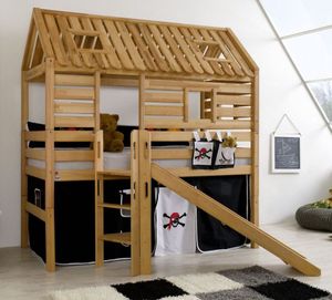 Hochbett Tom´s Hütte 1 Kinderbett mit Rutsche Spielbett Bett Natur Stoff Pirat