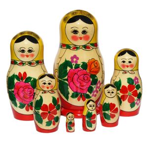 Matroschka Puppen Babuschka Matrjoschka gelbes Tuch Set aus 7 Holzfiguren
