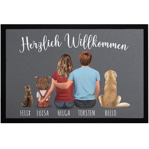 Fußmatte Familie personalisiert mit Figuren und Namen 1,2,3,4 Kinder Hund Katze rutschfest & waschbar SpecialMe® schwarz 60x40cm