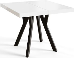 Štvorcový jedálenský stôl RICO, rozkladací stôl, rozmery: 90-190X90X77 cm, farba stola v obývacej izbe: biela, s drevenými nohami v čiernej farbe