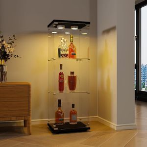 Glasvitrine Standvitrine,3 Lagen Glas Holz Vitrine Sammlervitrine Vitrinenschrank,1 Tür mit LED Und Schloss Glasvitrine Stehend Für Wohnzimmer Schlafzimmer Büro Schwarz Standregal aus Glas