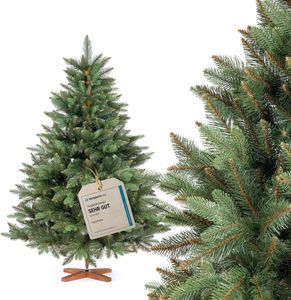 FAIRYTREES Weihnachtsbaum künstlich, Nordmanntanne Premium 150 cm, Naturgetreue Spritzguss Elemente, Made in EU, Künstlicher Weihnachtsbaum mit handgefertigtem Ständer aus Eschenholz