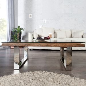 riess-ambiente Eindrucksvoller Couchtisch BARRACUDA 110cm antik Teakholz mit Kufengestell und Glas Beistelltisch Tisch