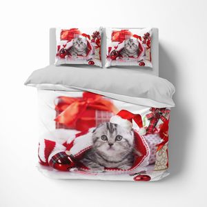 FEBE 3D Bettwäsche Weihnachten Katze Bettbezug-Set 135x200 + Kissenbezug 80x80 cm Wendebettwäsche 2 Teilig mit Reißverschluss Mikrofaser Winterbettwäsche Duvet Cover