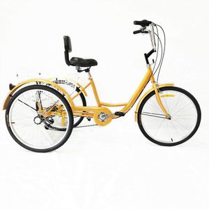 24palcová tříkolka pro dospělé-Citybikes, 61 cm, 6 převodů, 3 kola, nákladní tříkolka, jízdní kolo, s opěrkou zad a nákupním košíkem, žlutá
