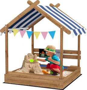 Outsunny Sandkasten mit Dach, Sandkiste aus Holz mit Sitzplatz, Spielhaus, 124 x 116 x 146 cm Sandbox mit Tafel für 3-7 Jahre Kinder, Garten, Braun