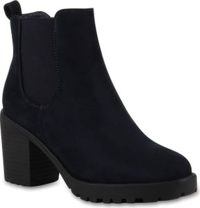 Mytrendshoe Damen Stiefeletten Chelsea Boots Profilsohle Blockabsatz 77276, Farbe: Marine Blau, Größe: 37