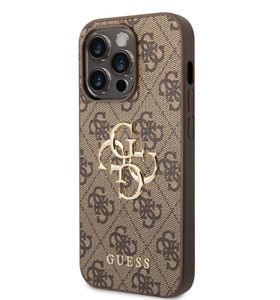 Guess PU 4G Metal Logo Zadní Kryt pro iPhone 15 Pro Hnědý