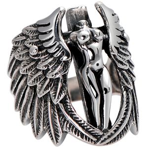 Gothic Herren Kreuz Schutzengel Flügel geschnitzt Biker Fingerring Schmuck Geschenk-Antikes Silber,US 12