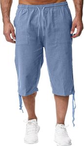 Herren-Leinen-Harems-Kurzhose, leichte, lockere 3/4-Shorts, Kordelzug, elastische Taille, lässig, Strand