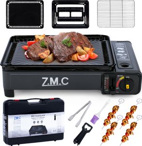 ZMC 2-in-1 Gaskocher + Gasgrill 2,2KW, inkl. Zubehör, Campingkocher mit Grillplatte + Grillrost, Tragekoffer, 3,8kg, Piezo-Zündung ohne Gaskartusche
