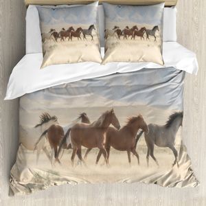 ABAKUHAUS Landschaft Bettbezug Set für Einzelbetten, Wilde Mustang-Pferde Kunst, Milbensicher Allergiker geeignet mit Kissenbezug, 200 cm x 200 cm - 80 x 80 cm, Mehrfarbig