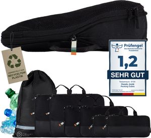 TRAVEL DUDE Packwürfel Set mit Kompression aus recycelten Plastikflaschen | Leichte Packing Cubes | Packtaschen Set (Schwarz, 7-teilig) TRAVEL DUDE Packwürfel Set mit Kompression aus recycelten Plastikflaschen | Leichte Packing Cubes | Packtaschen Set (Schwarz, 7-teilig)