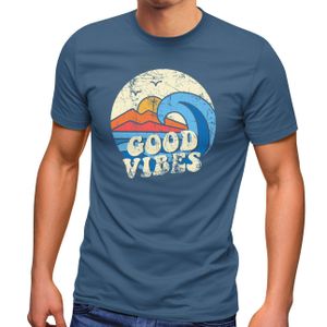 Herren T-Shirt Good Vibes Welle Hippie Slogan Statement Surf Design Vintage Retro Fashion Streetstyle Neverless® denim blue L