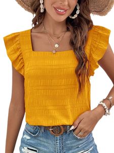 Damen Blusen Square Neck Pullover Tee Plain Kurzarm Shirts Sommer Lässig Oberteile Gelb,Größe 2XL
