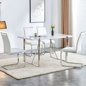 okwish Moderner Esszimmerstuhl, 4er-Set, Küchenstuhl, Bürostuhl mit flacher Streifen-Rückenlehne, gepolsterter Stuhl, multifunktional, hochwertiges Kunstleder, Leinen, Weiß