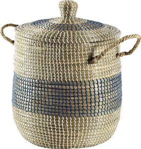 Kobolo Dekorativer Wäschekorb Aufbewahrungskorb aus Seegras mit Deckel und Henkeln im maritimen Design - Ordnung Box Sammler Tragekorb Ablage Deko