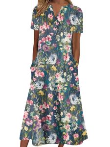 Damen Sommerkleider mit Taschen Maxikleider Langes Kleid Strandkleid Freizeitkleider Stil-D,Größe L