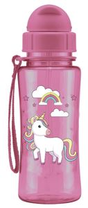 Steuber Trinkflasche kid'S Fun aus Kunststoff, 460 ml, Einhorn rosa, Schraubverschluss mit Schutzkappe, integrierter Strohhalm