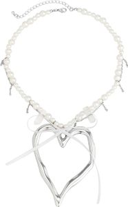 Halskette für Damen, Kunstperle, großer Herz-Anhänger, hohle Kette, Schleife, Dekor, verstellbare Länge, Edelstahl, Halsschmuck, Schmuck für Party, Strand, Schlüsselbeinkette