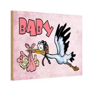 vianmo Holzschild Wandschild 18x12 cm - Baby Storch bringt Kind rosa Metall Deko tin sign