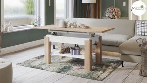 Design Couchtisch Tisch Astoria Sonoma Eiche / Weiß matt stufenlos höhenverstellbar 59,5 - 71,5cm ausziehbar 110 - 150cm mit Ablagefläche Esstisch