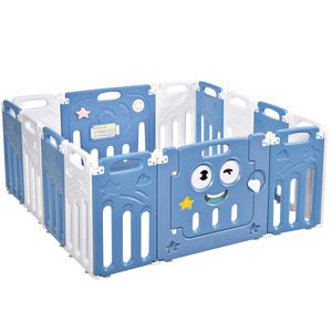 COSTWAY Detská ohrádka 14 panelov s dvierkami a doskou na hračky, ohrádka z plastu, zábrana, brána na plazenie, bezpečnostná brána pre deti od 3 mesiacov do 6 rokov (modrá)