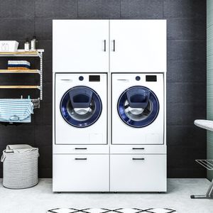 Roomart  - Waschmachinen Doppelschrank mit 62cm Schrankaufsätzen  - HBT: 201 x 134 x 66,8 cm -  Weiß  -  Schwarz eiche: weiß