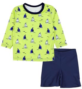 Aquarti Baby Jungen Bade-Set Zweiteiliger Kinder Badeanzug T-Shirt Badehose UV-Schutz, Farbe: Langarm / Segelboot Hellgrün / Dunkelblau , Größe: 104