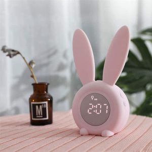 Wecker für Kinder mit Nachtlicht in Form eines Kaninchens 6 Ringe, Touch-Steuerung und Wecker mit wiederaufladbarer Batterie 2000 mAh （Rosa）
