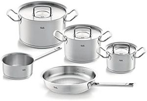 Fissler Original-Profi Collection / Edelstahl-Kochtopfset, 5-teilig, Topf mit Metall-Deckel (3 Kochtöpfe,1 Pfanne-unbeschichtet, 1 Stielkasserolle-deckellos) - Induktion, 084-378-05-000/0, Silber, 8-Pieces