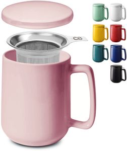 Teetasse mit Sieb und Deckel - Keramik Rosa - Hält Lange warm - 500ml XXL Groß - Spülmaschinenfest